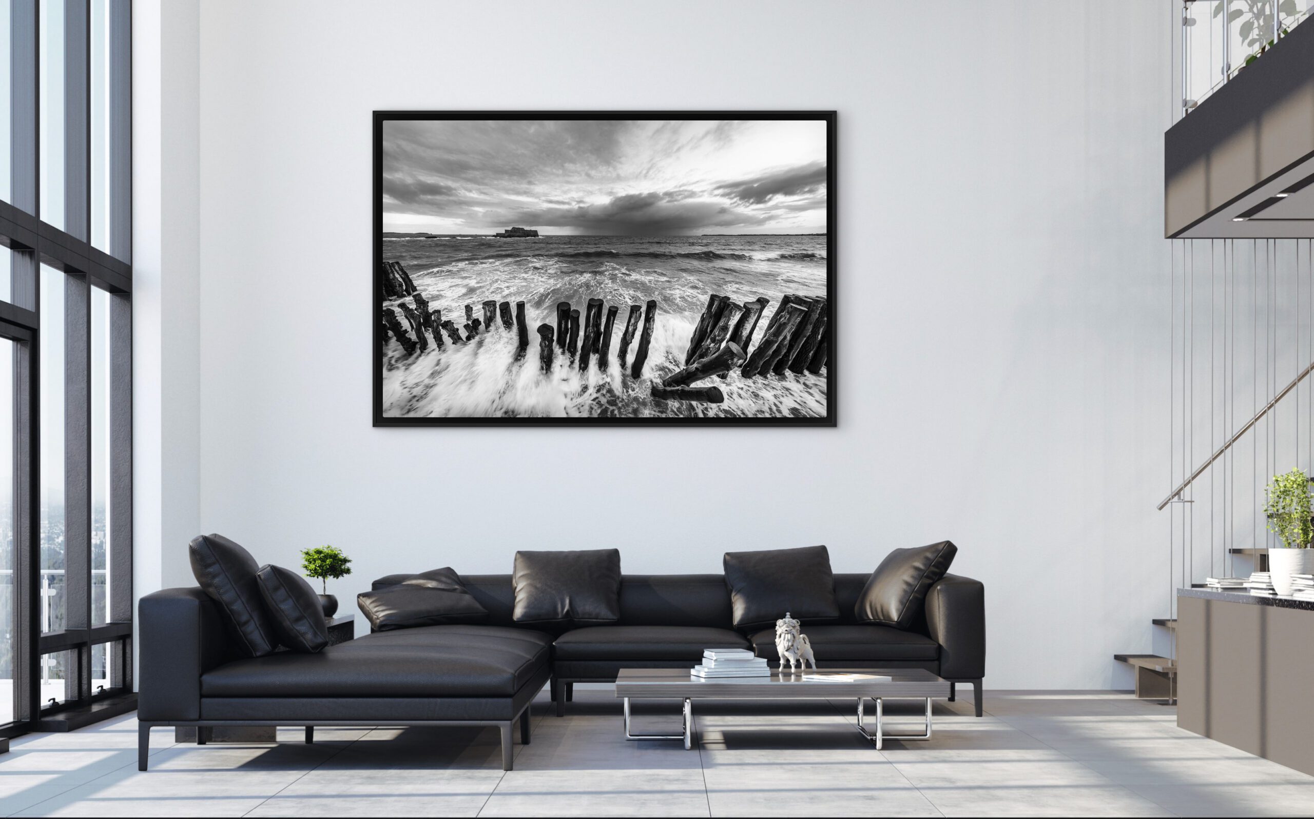 Mockup, noir et blanc, vague, mer, sillon,Brises lames, Saint-Malo, Bretagne